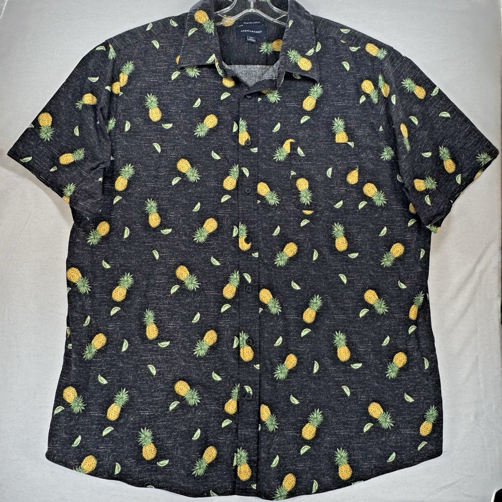 Saddlebred Stretch Poplin Pineapple Hawaiian Button Up 3XL Black Tropical A238
